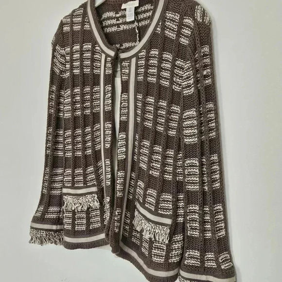 Chicos Women's Fringe Ribbed Knit Cardigan Sweater Size 0 Designer Sleeve Pocket - Picture 3 of 8